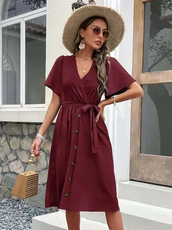 A-line,A-line dress,button-down,button-down dress,buttons,casual,casual dress,cotton,cotton dress,dress dress,ladies Wrinkle resistant,midi,midi hem dress,Quick drying midi dress,regular,regular dress,short sleeve,short sleeve dress,solid,solid dress,straight,summer,summer dress,V-neck,V-neck dress-LeStyleParfait