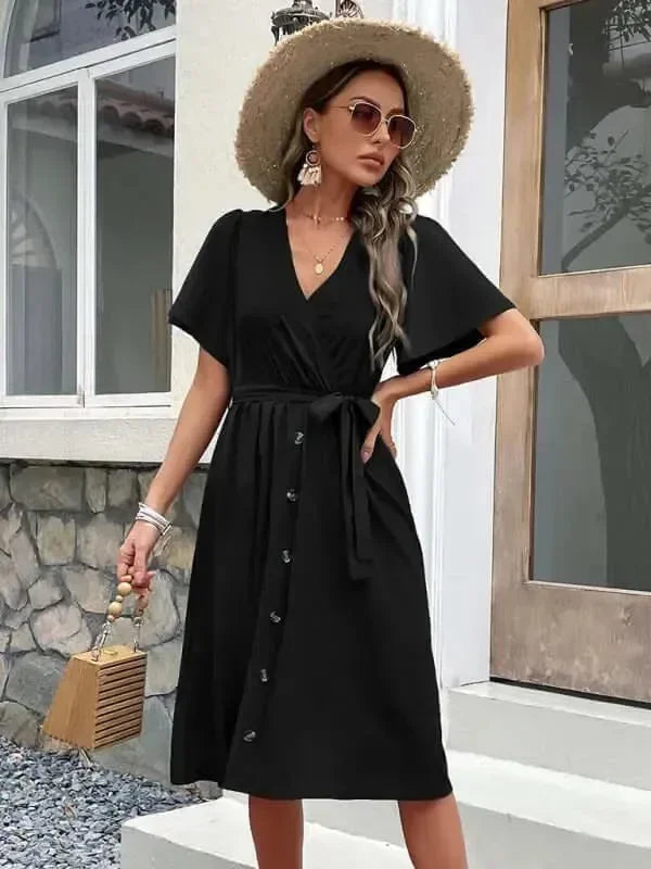 A-line,A-line dress,button-down,button-down dress,buttons,casual,casual dress,cotton,cotton dress,dress dress,ladies Wrinkle resistant,midi,midi hem dress,Quick drying midi dress,regular,regular dress,short sleeve,short sleeve dress,solid,solid dress,straight,summer,summer dress,V-neck,V-neck dress-LeStyleParfait