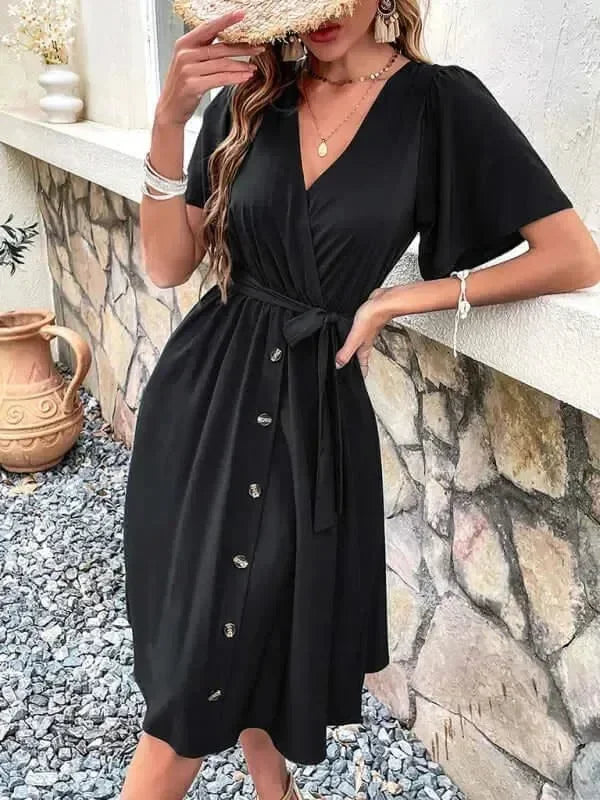 A-line,A-line dress,button-down,button-down dress,buttons,casual,casual dress,cotton,cotton dress,dress dress,ladies Wrinkle resistant,midi,midi hem dress,Quick drying midi dress,regular,regular dress,short sleeve,short sleeve dress,solid,solid dress,straight,summer,summer dress,V-neck,V-neck dress-LeStyleParfait