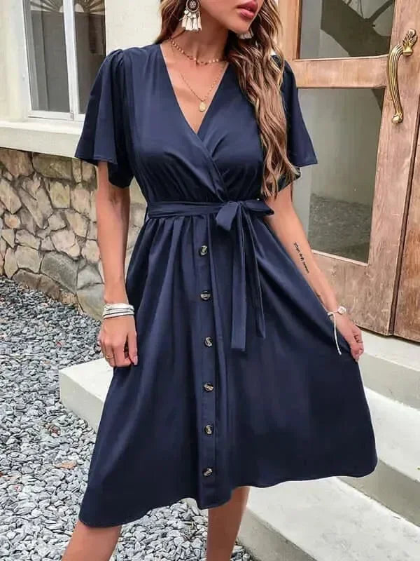 A-line,A-line dress,button-down,button-down dress,buttons,casual,casual dress,cotton,cotton dress,dress dress,ladies Wrinkle resistant,midi,midi hem dress,Quick drying midi dress,regular,regular dress,short sleeve,short sleeve dress,solid,solid dress,straight,summer,summer dress,V-neck,V-neck dress-LeStyleParfait