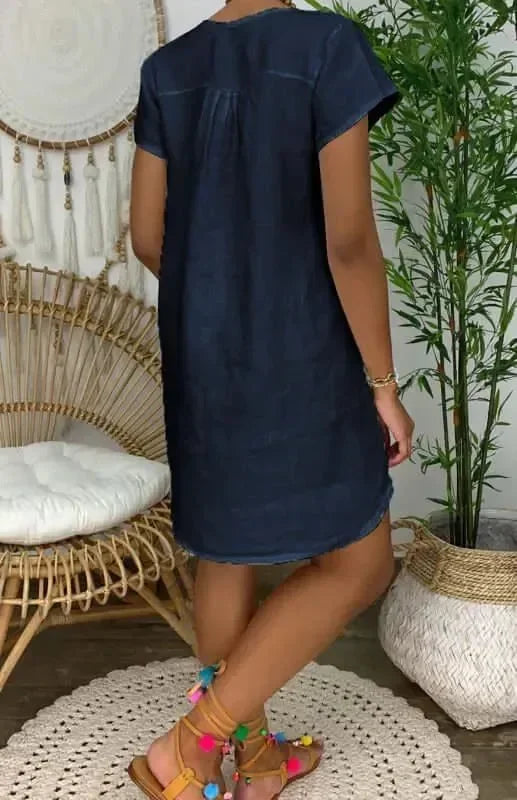 A-line,a-line dress,above-the-knee dress,casual,casual dress,ladies Wrinkle resistant,linen,linen dress,mini,Quick drying mini dress,relaxed,relaxed dress,shift,short sleeve,short sleeve dress,slip-on,slip-on dress,solid,solid dress,straight,straight dress,summer,summer dress,V-neck,v-neck dress-LeStyleParfait