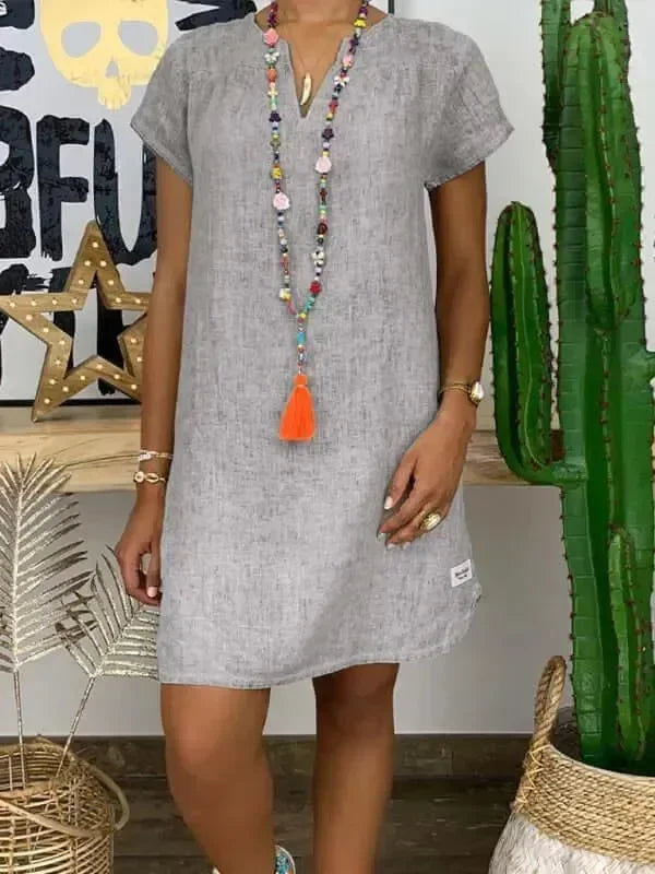 A-line,a-line dress,above-the-knee dress,casual,casual dress,ladies Wrinkle resistant,linen,linen dress,mini,Quick drying mini dress,relaxed,relaxed dress,shift,short sleeve,short sleeve dress,slip-on,slip-on dress,solid,solid dress,straight,straight dress,summer,summer dress,V-neck,v-neck dress-LeStyleParfait