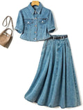 Casual Denim Blue Two-Piece Skirt Set - Two-Piece Skirt Set - LeStyleParfait