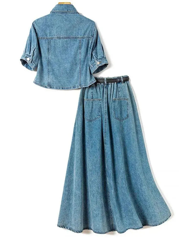 Casual Denim Blue Two-Piece Skirt Set - Two-Piece Skirt Set - LeStyleParfait