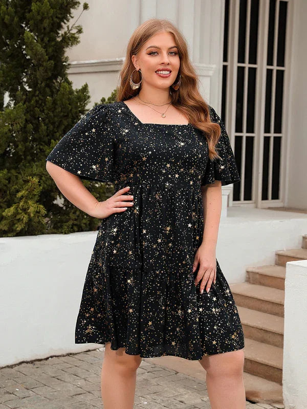 Casual Geometric Square Neck Knee Dress