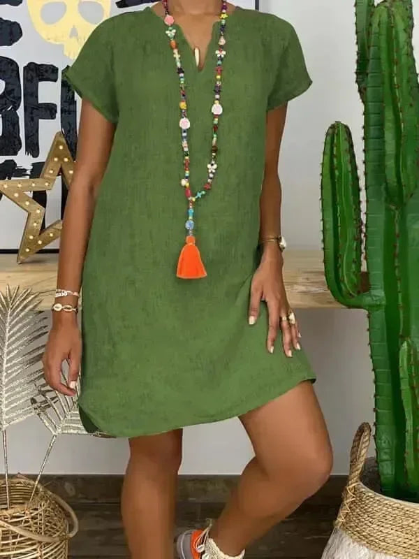 Casual Green Linen Mini Dress