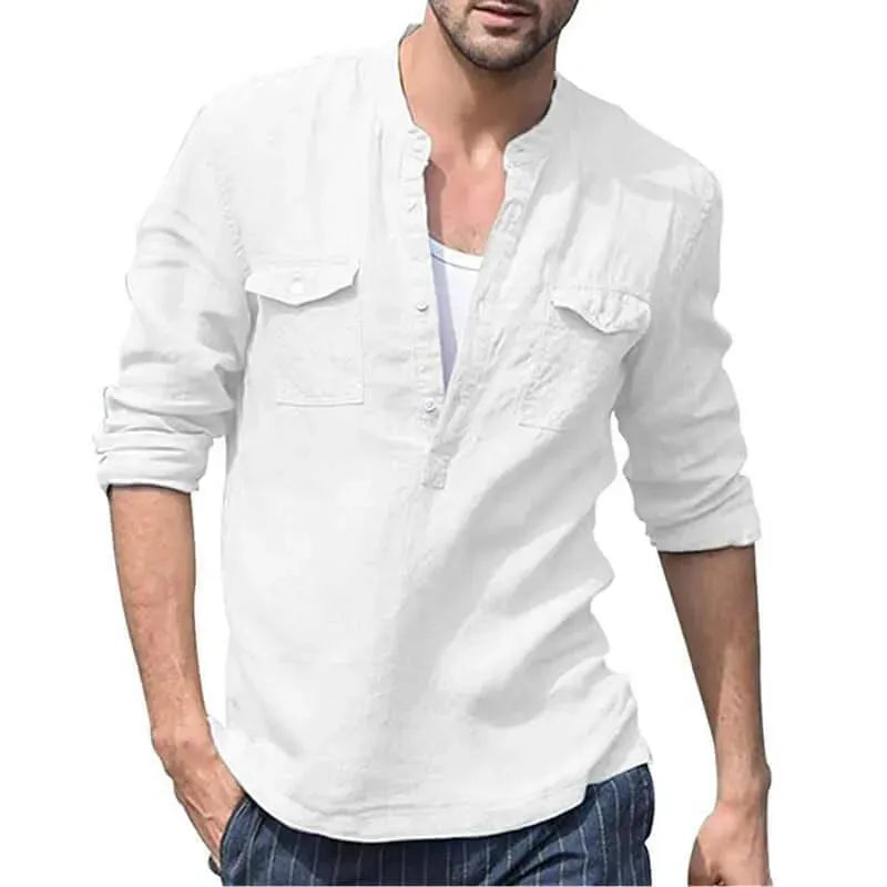 Casual Long Sleeve Linen Men Shirt-Linen Shirt-LeStyleParfait fashion image