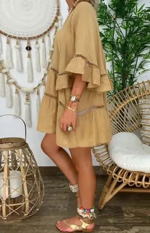 A-line,A-line dress,casual,casual dress,flared,ladies Wrinkle resistant,linen,linen dress,loose,loose dress,mini,mini dress,Quick drying mini dress,slip-on,slip-on dress,solid,solid dress,straight,summer,summer dress,three-quarter sleeves dress,tiered,tiered dress,V-neck,V-neck dress-LeStyleParfait