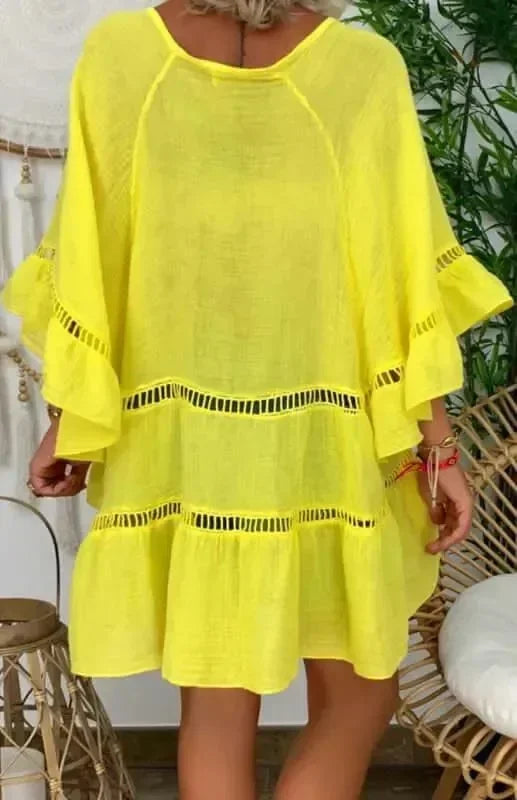 A-line,A-line dress,casual,casual dress,flared,ladies Wrinkle resistant,linen,linen dress,loose,loose dress,mini,mini dress,Quick drying mini dress,slip-on,slip-on dress,solid,solid dress,straight,summer,summer dress,three-quarter sleeves dress,tiered,tiered dress,V-neck,V-neck dress-LeStyleParfait