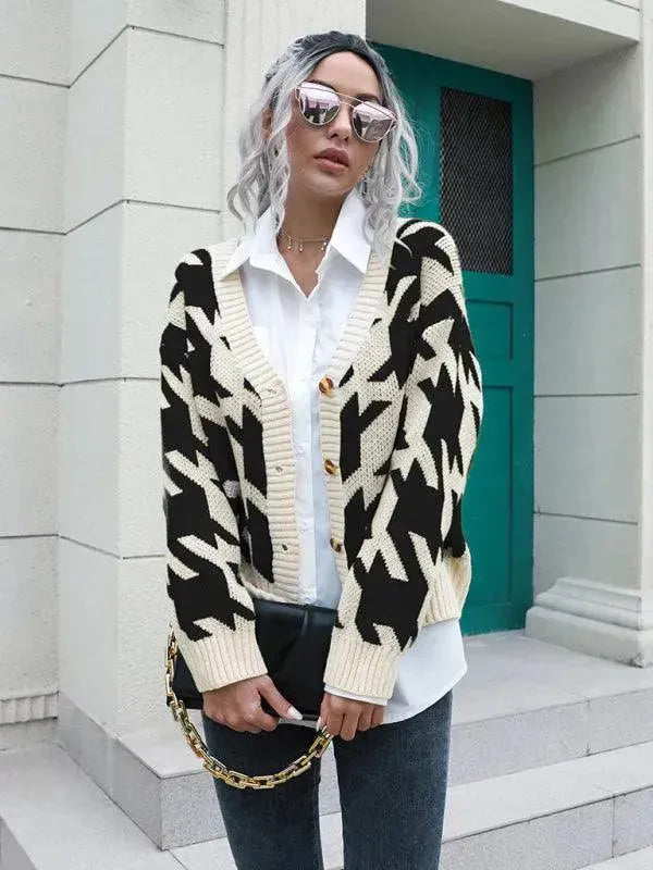 Check Loose Knit Cardigan Sweater - Cardigan Sweater - LeStyleParfait