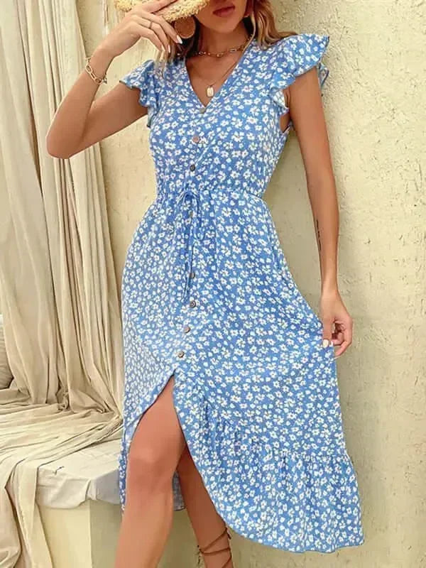 A-line,A-line dress,button-down,button-down dress,buttons,casual,casual dress,chiffon,chiffon dress,floral,floral dress,flowy,flowy dress,ladies Wrinkle resistant,midi,midi hem dress,midi-dress,Quick drying midi dress,relaxed-fit dress,ruffled,short sleeve,short sleeves dress,summer,summer dress,V-neck,V-neck dress-LeStyleParfait