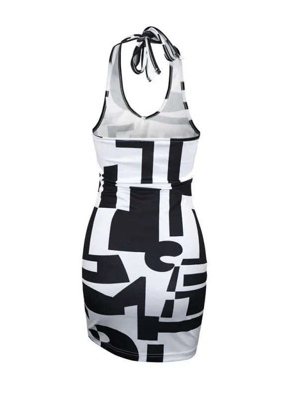 bodycon,bodycon dress,breathable mini dress,fitted dress,graphic,graphic dress,graphic mini dress,knit,ladies wrinkle resistant,mini,mini dress,mini hem dress,party,party dress,quick drying,sheath,sleeveless,sleeveless dress,slip-on,slip-on dress,spandex dress,straight,straight dress,summer,summer dress,V-neck,v-neck dress-LeStyleParfait