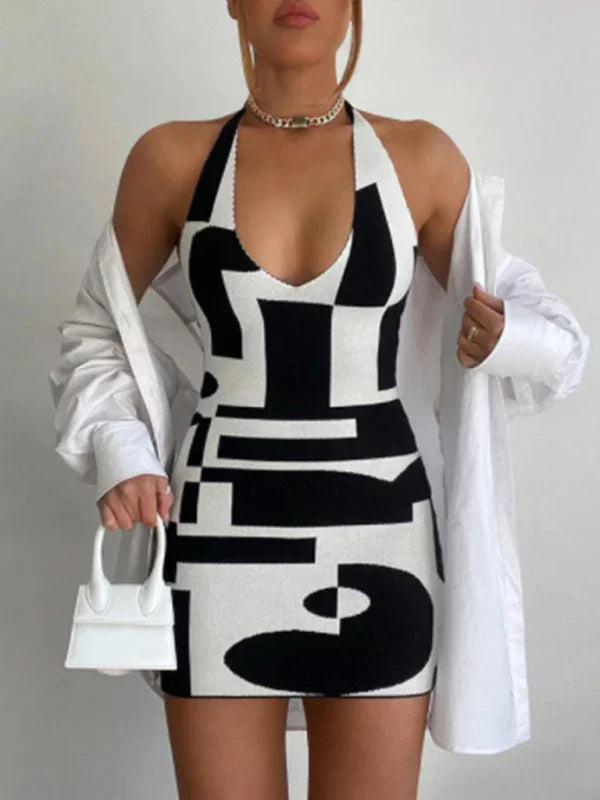 bodycon,bodycon dress,breathable mini dress,fitted dress,graphic,graphic dress,graphic mini dress,knit,ladies wrinkle resistant,mini,mini dress,mini hem dress,party,party dress,quick drying,sheath,sleeveless,sleeveless dress,slip-on,slip-on dress,spandex dress,straight,straight dress,summer,summer dress,V-neck,v-neck dress-LeStyleParfait