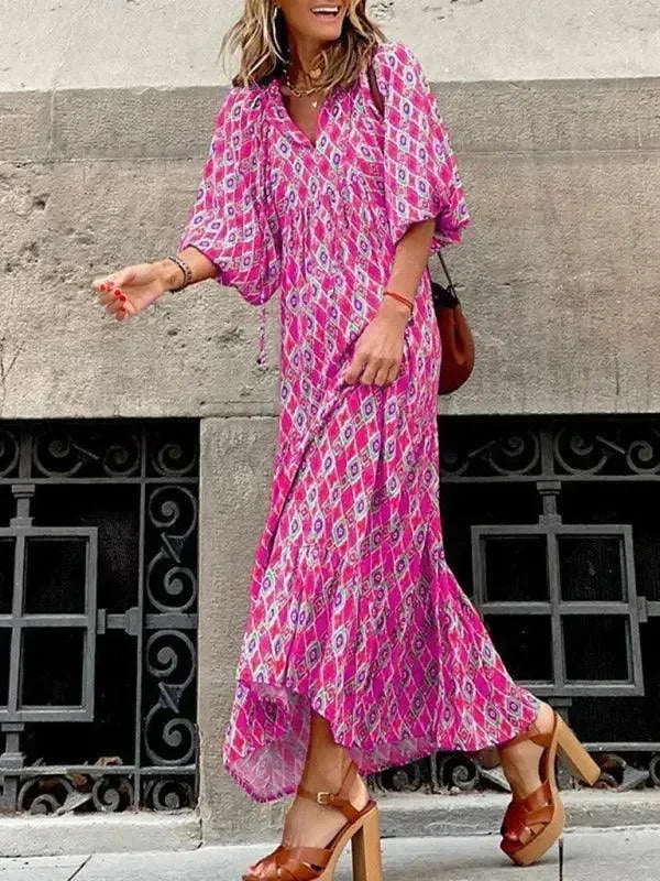 a-line dress,abstract,balloon sleeve,balloon sleeves dress,casual,casual dress,cotton,cotton dress,dress,empire,flowy,geometric dress,ladies Wrinkle resistant,maxi,maxi dress,Quick drying maxi dress,slip-on,slip-on dress,straight,straight hem dress,summer,summer dress,tiered,tiered dress,true-to-size dress,V-neck,v-neck dress-LeStyleParfait