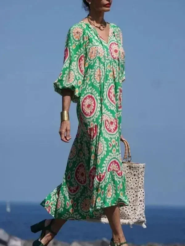 a-line dress,abstract,balloon sleeve,balloon sleeves dress,casual,casual dress,cotton,cotton dress,dress,empire,flowy,geometric dress,ladies Wrinkle resistant,maxi,maxi dress,Quick drying maxi dress,slip-on,slip-on dress,straight,straight hem dress,summer,summer dress,tiered,tiered dress,true-to-size dress,V-neck,v-neck dress-LeStyleParfait