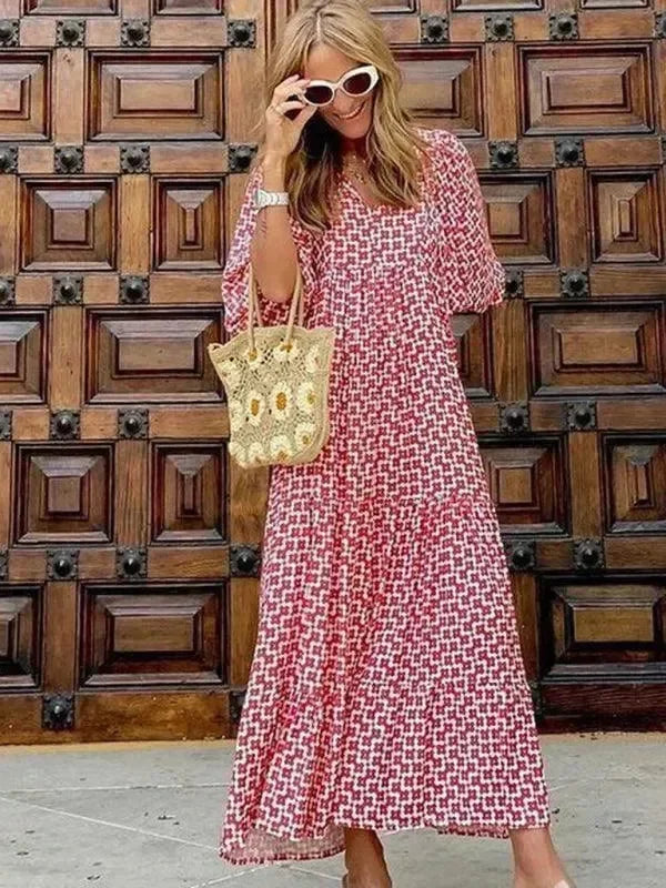 a-line dress,abstract,balloon sleeve,balloon sleeves dress,casual,casual dress,cotton,cotton dress,dress,empire,flowy,geometric dress,ladies Wrinkle resistant,maxi,maxi dress,Quick drying maxi dress,slip-on,slip-on dress,straight,straight hem dress,summer,summer dress,tiered,tiered dress,true-to-size dress,V-neck,v-neck dress-LeStyleParfait