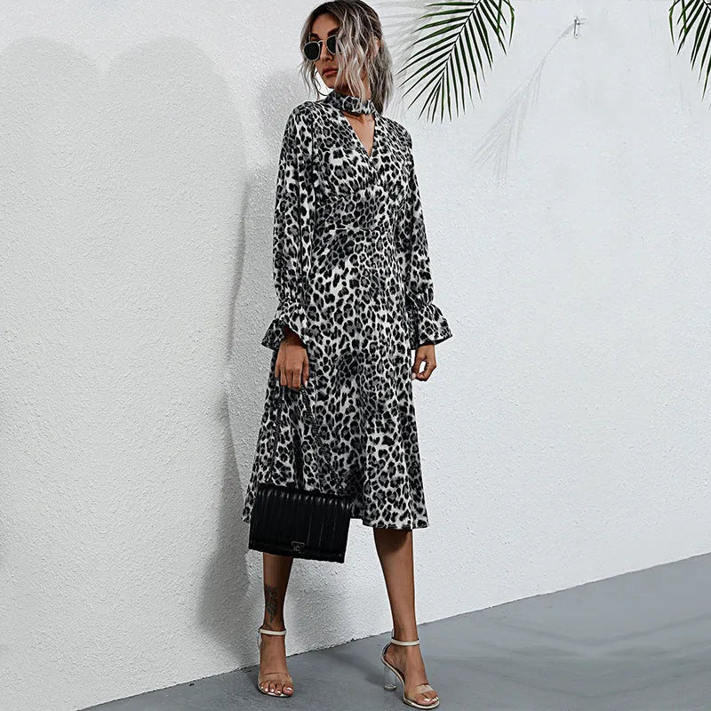 A-line,A-line dress,animal print,animal print dress,casual,casual dress,chiffon,chiffon dress,dress dress,fall,fall dress,ladies wrinkle resistant,long sleeve,long sleeve dress,midi,midi dress,quick drying midi dress,regular,regular dress,slip-on,slip-on dress,straight,V-neck,V-neck dress-LeStyleParfait