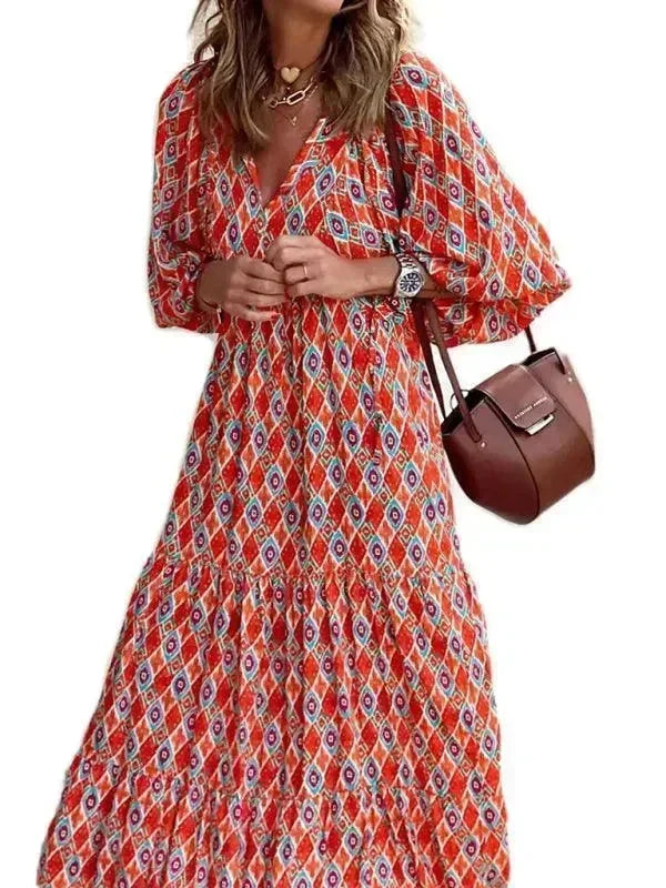 Chic Geometric Cotton Tiered Maxi Dress