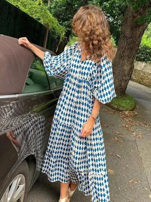 Chic Geometric Cotton Tiered Maxi Dress