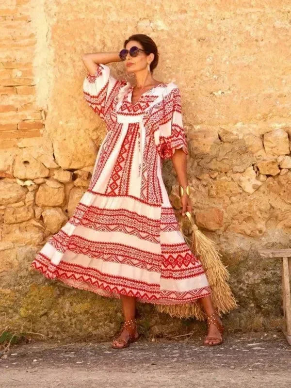Chic Geometric Cotton Tiered Maxi Dress