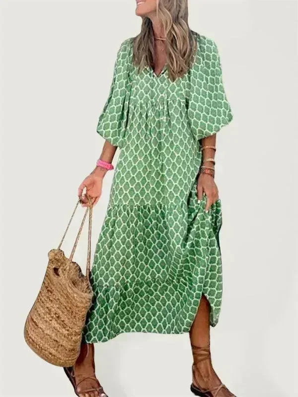 Chic Geometric Cotton Tiered Maxi Dress
