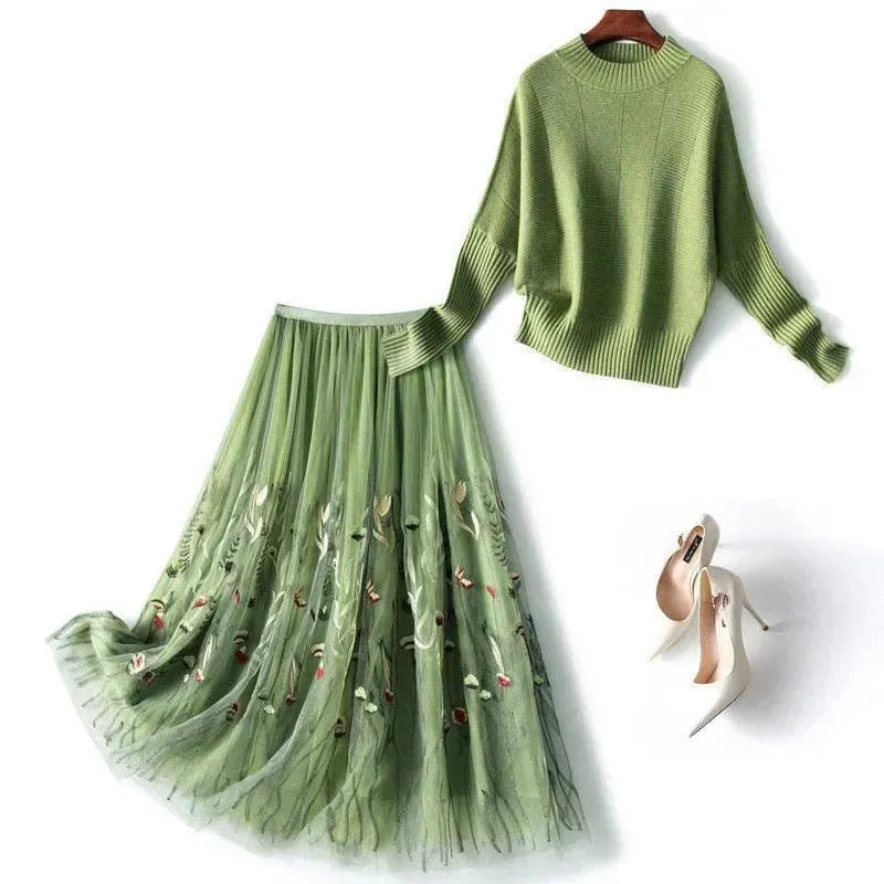 Chic Green Floral Two-Piece Skirt Set - Floral Skirt Set - LeStyleParfait