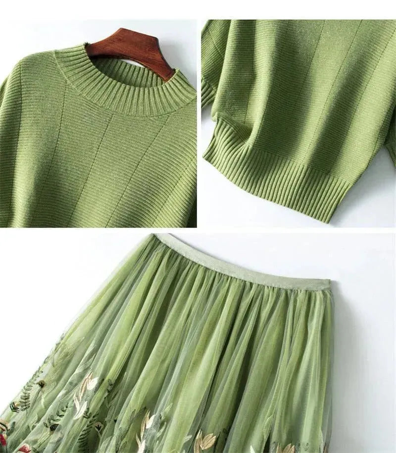 Chic Green Floral Two-Piece Skirt Set - Floral Skirt Set - LeStyleParfait