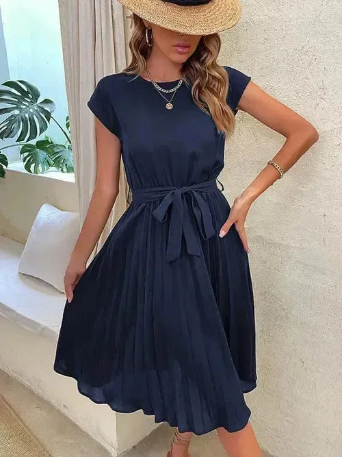 Chic Red Chiffon Pleated Midi Dress