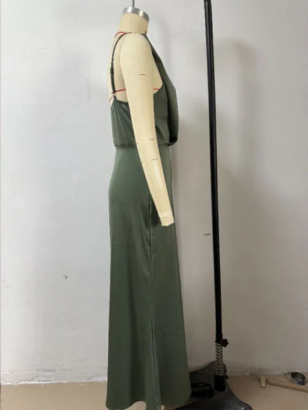 Chic Satin Cowl Neck Midi Dress