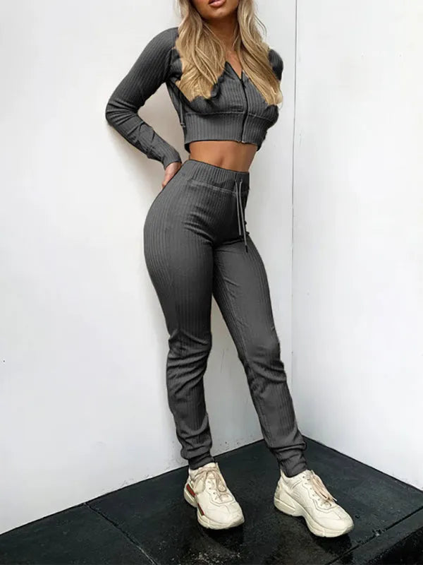 Chic Women Casual Knit Two-Piece Jogger Set Hooded Zipper Long Sleeve Slim Fit Cotton Blend Fall | LeStyleParfait
