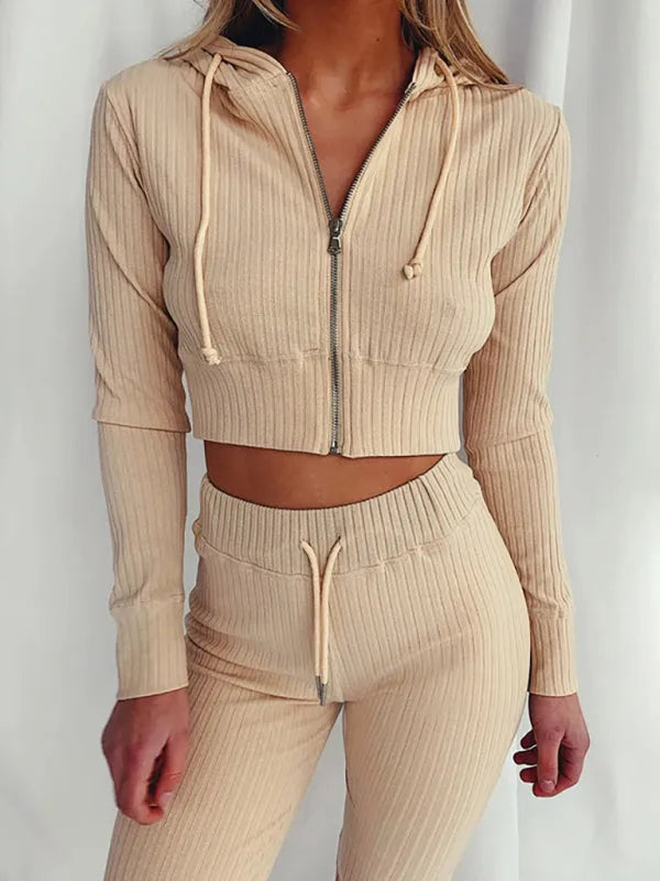 Chic Women Casual Knit Two-Piece Jogger Set Hooded Zipper Long Sleeve Slim Fit Cotton Blend Fall | LeStyleParfait