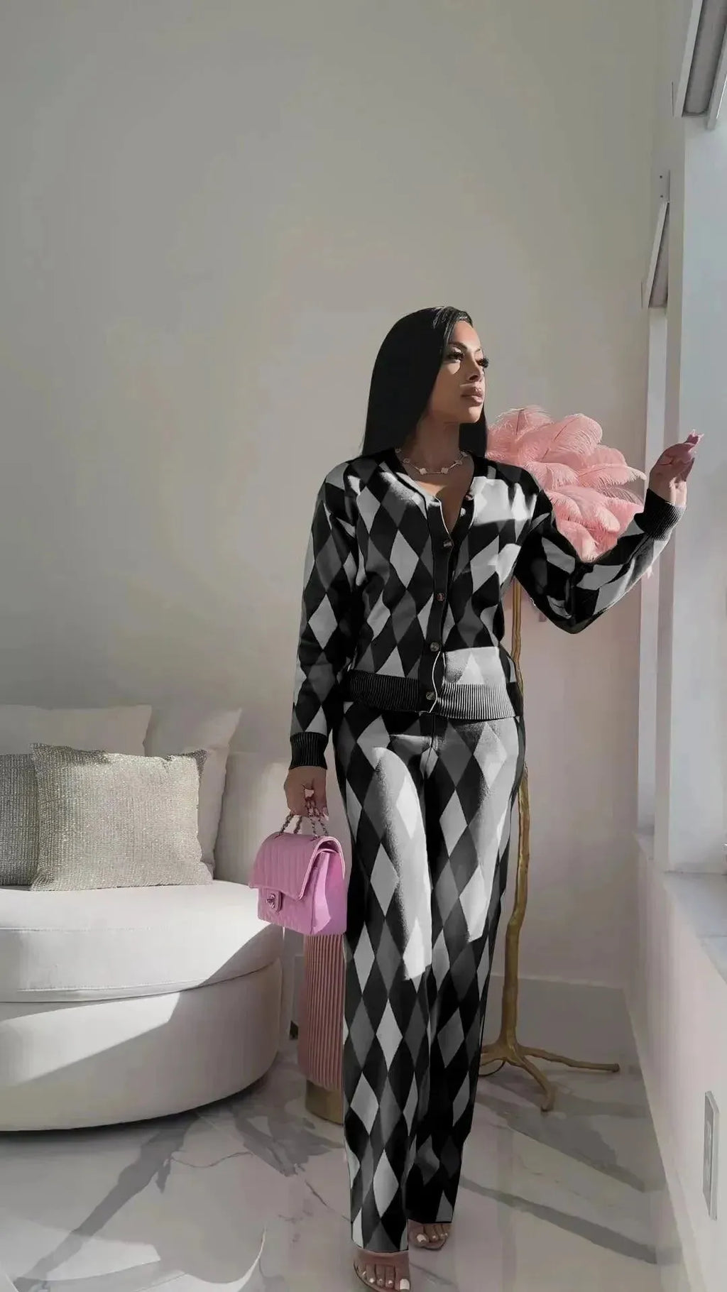 Chic Women Knit Two-Piece Geometric Pants Set - Geometric Pants Set - LeStyleParfait