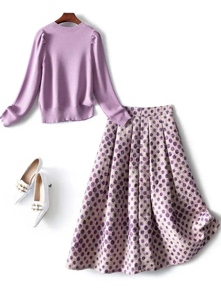 Chic Women Polka Dot Knit Two-Piece Skirt Set - Polka Dot Skirt Set - LeStyleParfait