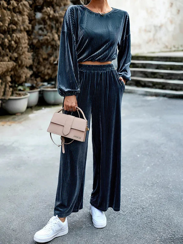 Chic Women Striped Wide-Leg Two-Piece Set - Striped Wide-Leg Set - LeStyleParfait