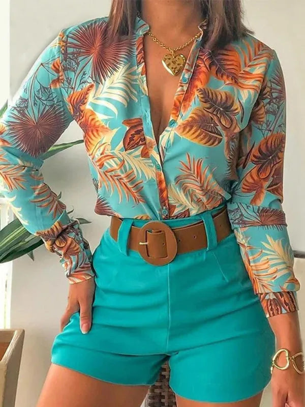 Chic Women Tropical Tailored Two-Piece Set V-neck Long Sleeve Satin Summer Vacation | LeStyleParfait