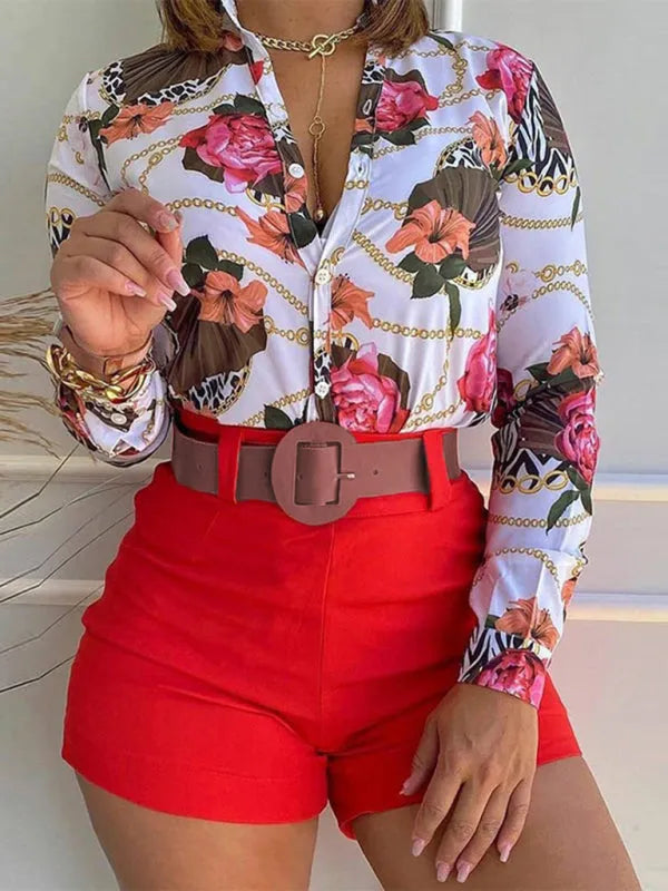 Chic Women Tropical Tailored Two-Piece Set V-neck Long Sleeve Satin Summer Vacation | LeStyleParfait