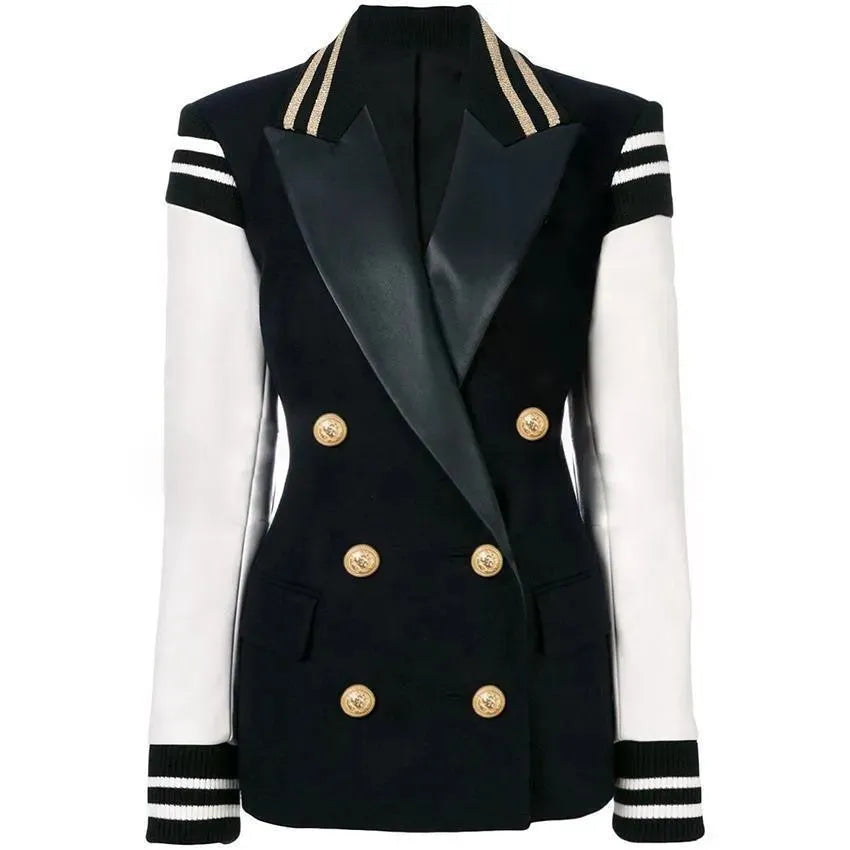 Chloe Patchwork Leather Varsity Blazer Women - Casual - Patchwork - Double-Breasted Blazer - LeStyleParfait