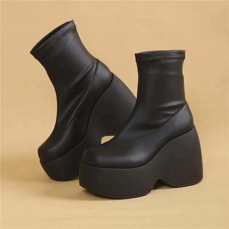 Chunky Black Block Platform Boots - Wedge Shoes - LeStyleParfait