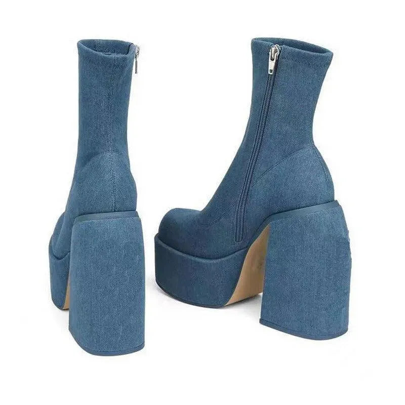 Chunky Jeans Platform Boots - Wedge Shoes - LeStyleParfait