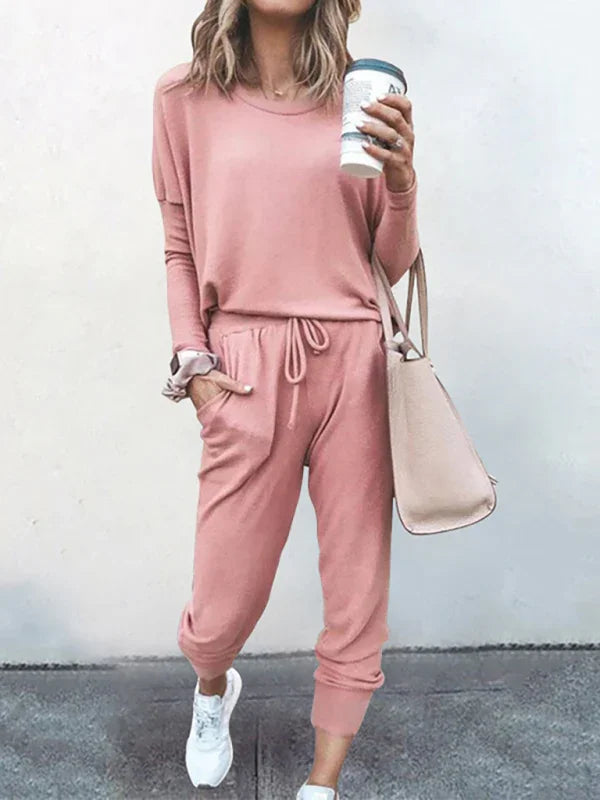 Cozy Women Casual Knit Two-Piece Set Lounge Crewneck Long Sleeve Relaxed Cotton Blend Spring | LeStyleParfait
