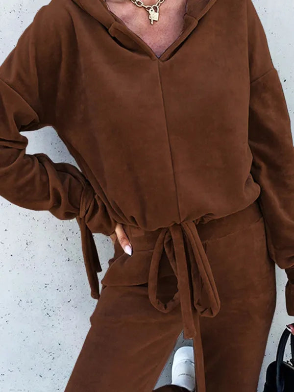 Cozy Women Casual Velvet Hoodie Two-Piece Lounge Set - Casual Lounge Set - LeStyleParfait