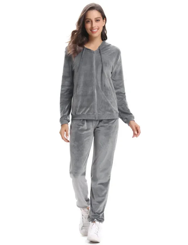 Cozy Women Jogger Set Casual Velvet Two-Piece Pants Set Lounge Zipper Long Sleeve Relaxed Fit Fall | LeStyleParfait
