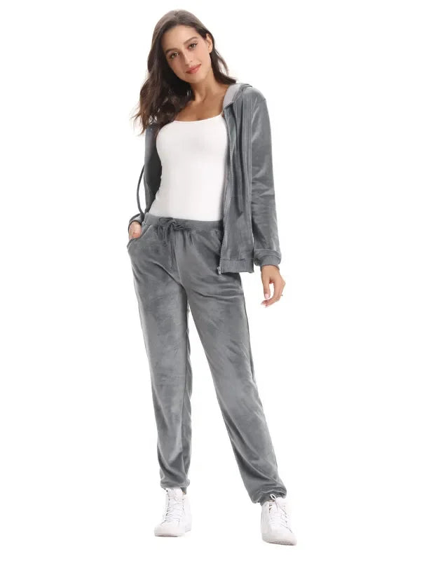 Cozy Women Jogger Set Casual Velvet Two-Piece Pants Set Lounge Zipper Long Sleeve Relaxed Fit Fall | LeStyleParfait