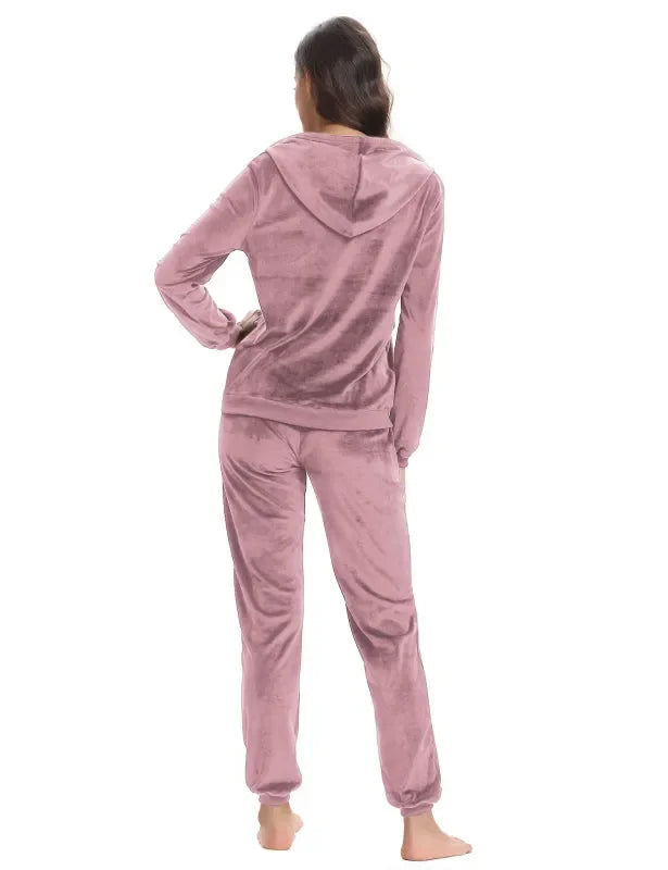 Cozy Women Jogger Set Casual Velvet Two-Piece Pants Set Lounge Zipper Long Sleeve Relaxed Fit Fall | LeStyleParfait