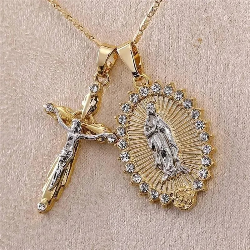 Crucifix + Virgin Mary Necklace - Pendant Necklace - LeStyleParfait