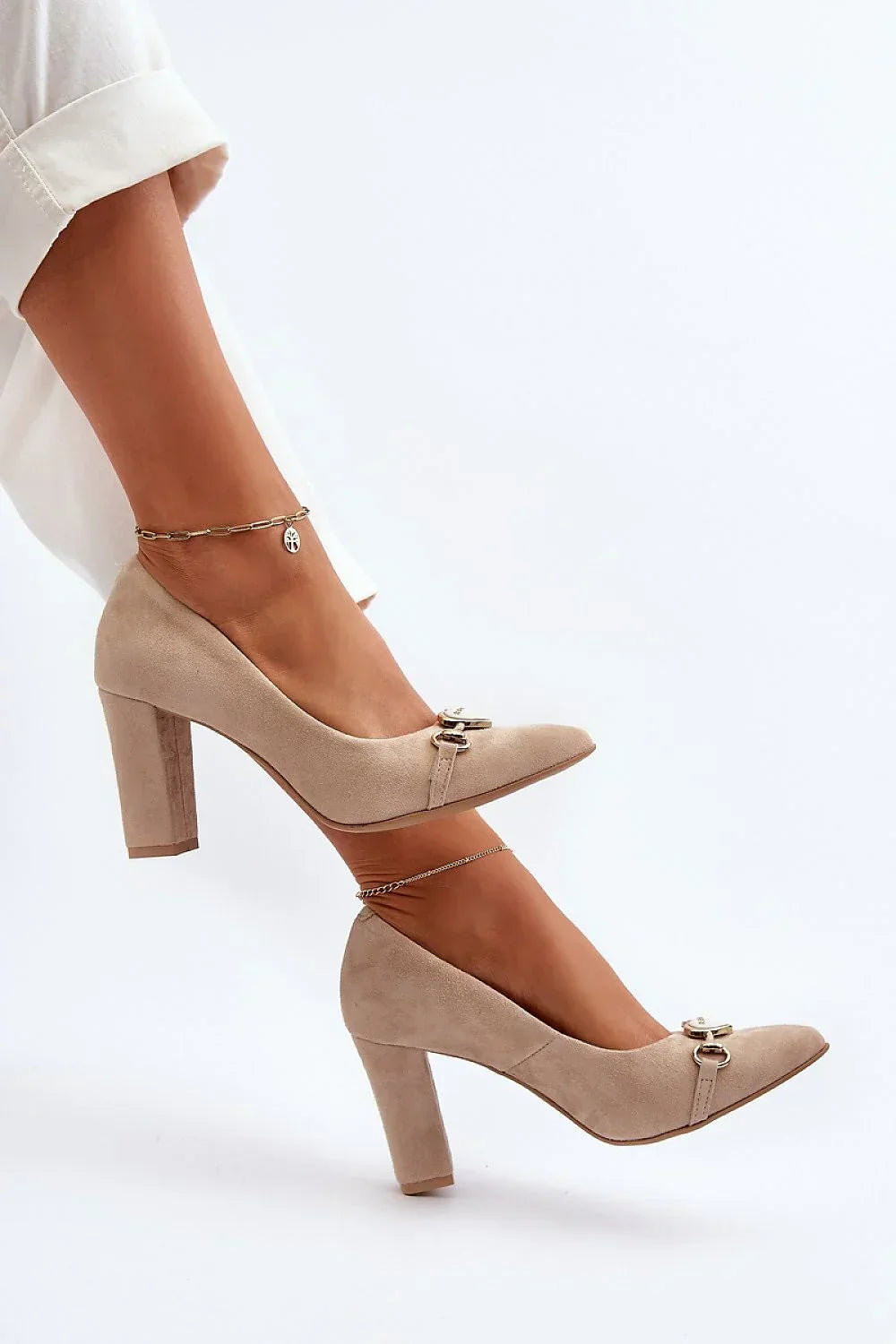 Women's formal pointed toe block heel pumps in beige - front view
