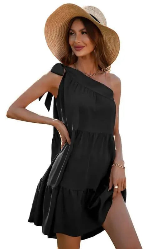 Diagonal Neck Ruffle Dress - Mini Dress - LeStyleParfait