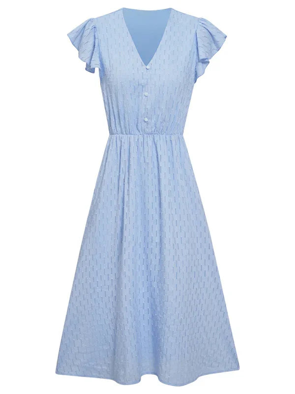 A-line,A-line bottom style dress,A-line dress,casual,casual dress,casual occasion dress,chiffon,cotton dress,flowy,ladies Wrinkle-resistant,midi,midi hemline dress,Quick drying midi dress,relaxed dress,ruffles,short sleeve,short sleeves dress,slip-on,slip-on dress,solid,solid dress,straight,summer,summer dress,V-neck,V-neck dress-LeStyleParfait