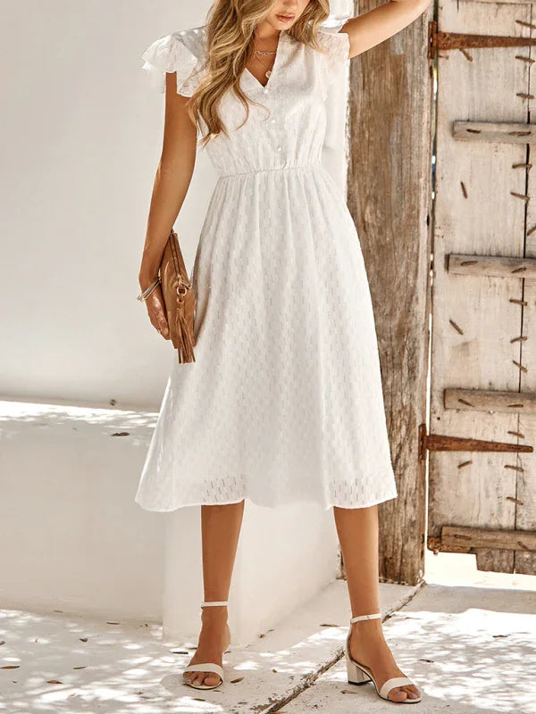 A-line,A-line bottom style dress,A-line dress,casual,casual dress,casual occasion dress,chiffon,cotton dress,flowy,ladies Wrinkle-resistant,midi,midi hemline dress,Quick drying midi dress,relaxed dress,ruffles,short sleeve,short sleeves dress,slip-on,slip-on dress,solid,solid dress,straight,summer,summer dress,V-neck,V-neck dress-LeStyleParfait