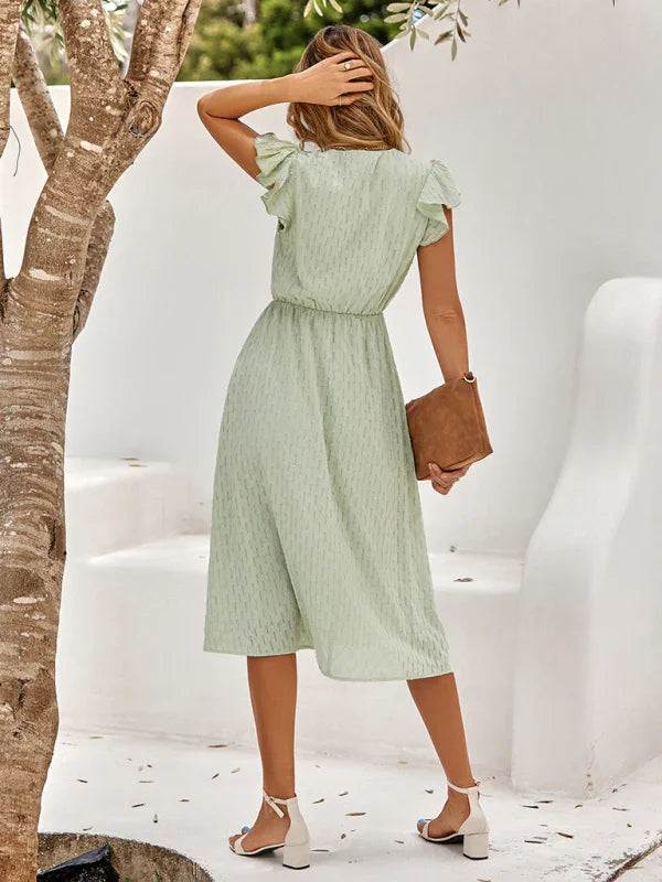 A-line,A-line bottom style dress,A-line dress,casual,casual dress,casual occasion dress,chiffon,cotton dress,flowy,ladies Wrinkle-resistant,midi,midi hemline dress,Quick drying midi dress,relaxed dress,ruffles,short sleeve,short sleeves dress,slip-on,slip-on dress,solid,solid dress,straight,summer,summer dress,V-neck,V-neck dress-LeStyleParfait